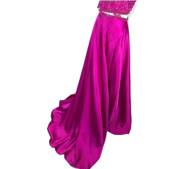 Mori Lee Fuchsia Embellished 2 Piece Prom Dress Size 10 Halter Gown - Picture 10 of 16